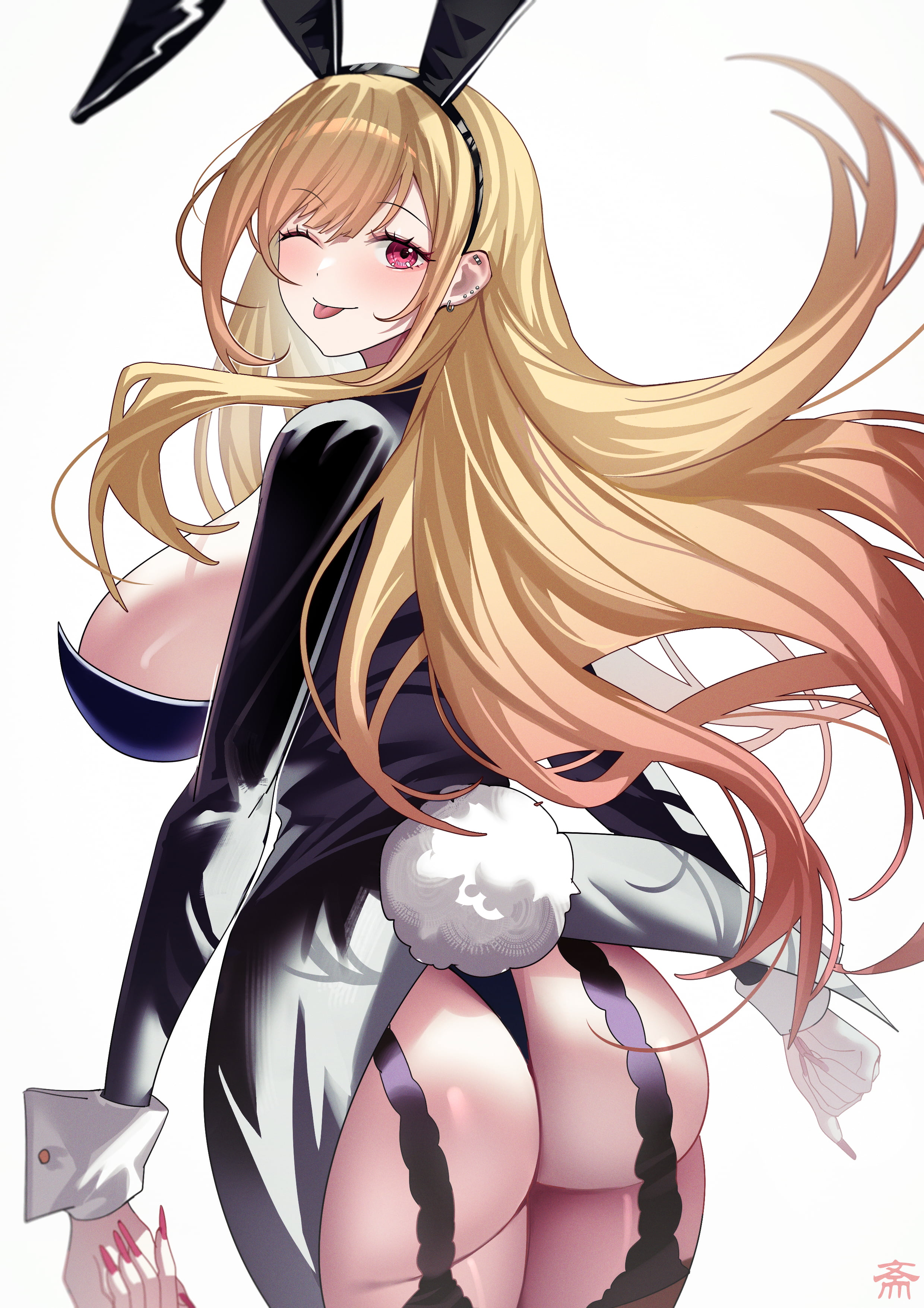 1girls, absurdres, animal ear hairband, animal ears, ass, black coat, blonde hair, blush, breasts, coat, coattails, commentary request, cowboy shot, ear piercing, earrings, fake animal ears, female, fingernails, from behind, gradient hair, gyaru, hairband, highres, huge ass, jewelry, kitagawa marin, large breasts, leotard, long fingernails, long hair, looking at viewer, looking back, multicolored hair, nail polish, one eye closed, piercing, playboy bunny, rabbit ear hairband, rabbit ears, rabbit tail, red eyes, red hair, red nails, sideboob, simple background, smile, solo, sono bisque doll wa koi wo suru, tail, tansuan (ensj3875), thighs, tongue, tongue out, white background, white wrist cuffs, wrist cuffs