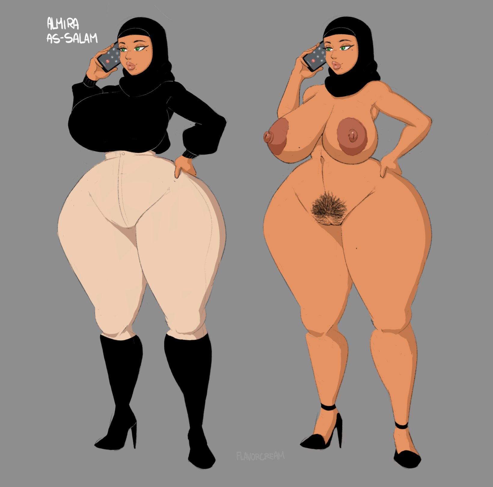 1girls, almira as-salam (flavorcream), bare breasts, bare tits, big breasts, big hipped, big hips, breasts, breasts bigger than head, child bearing hips, exposed breasts, exposed tits, female, female focus, female only, flavorcream, high heels, hijab, hips, hips wider than shoulders, huge hips, large hips, milf, muslim, muslim female, solo, solo female, solo focus, tagme, wide hips