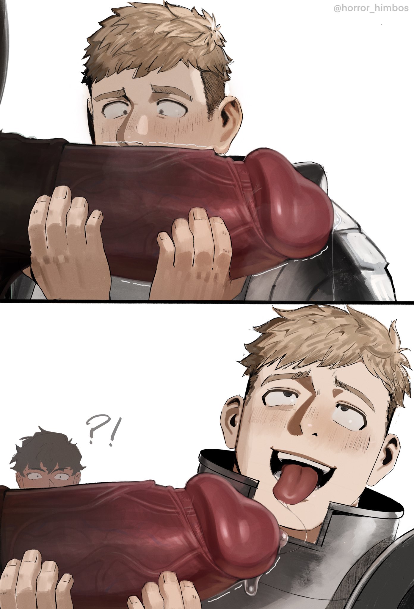 !?, ?, 2boys, 2d, 2d (artwork), 3boys, ahe gao, anime, beast, big penis, blonde hair, blonde-haired male, blowjob face, cock, cock hungry, dark skin, dark-skinned male, dungeon meshi, gay, gay male, gigantic penis, grabbing, grabbing penis, hands on penis, high resolution, highres, horror himbos, huge cock, imminent fellatio, imminent oral, imminent sex, implied deepthroat, implied fellatio, implied oral, implied sex, interracial, laios touden, large penis, licking penis, light skin, light-skinned male, male, massive cock, massive penis, meme, meme reference, minotaur, monster, monster cock, oral, oral sex, penis, penis grab, penis in mouth, penis lick, precum, precum drip, reference, rumi sniffing gimbap, saliva, saliva trail, sketch, slutboy, sniffing, sniffing penis, sucking, sucking penis, tongue, tongue out, tongue out blowjob, vein, veiny penis, yaoi, yaoi with male audience