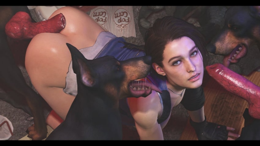 3d, all fours, anal, ass, big penis, brown hair, canid, canine, canine penis, canis, clouclousfm, domestic dog, female, feral, fingerless gloves, gloves, jill valentine, knot, letterboxed, male, penis, resident evil, tongue, tongue out, zoophilia