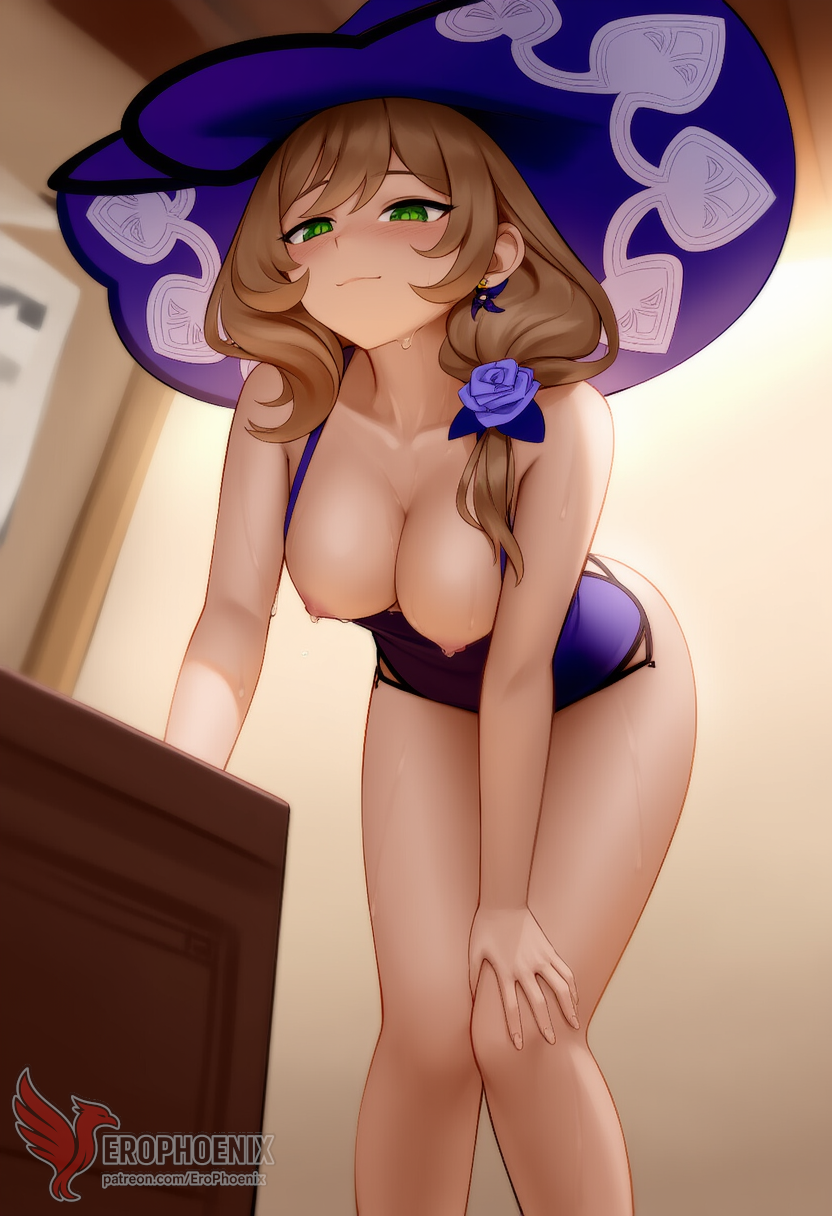 1girls 2d ai_generated ass big_ass breasts erophoenix female female_focus full_body genshin_impact lisa_(genshin_impact) long_hair looking_at_viewer medium_breasts nipples patreon_username solo solo_female sweat thick thick_thighs uncensored witch_hat