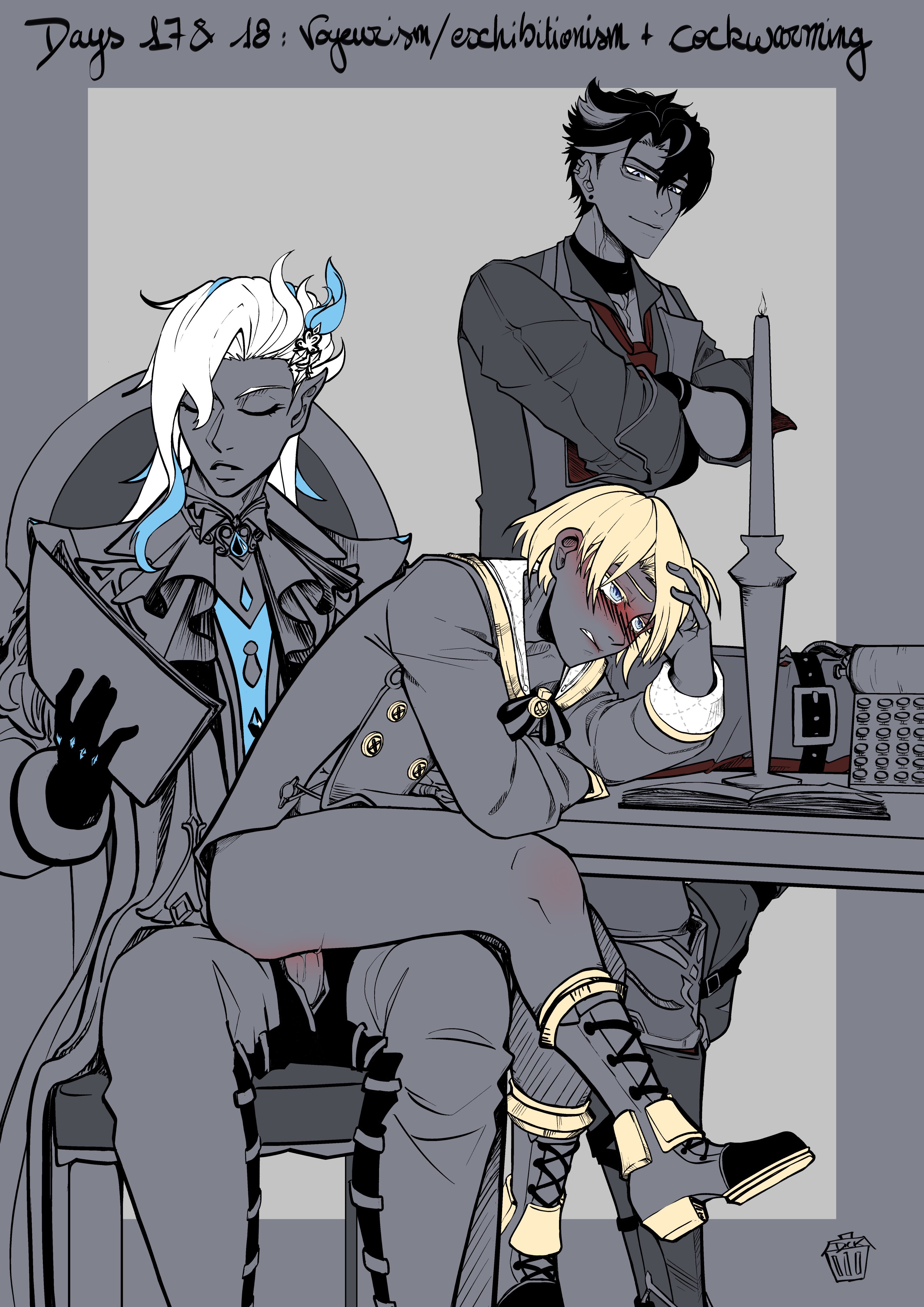 2023, anal, anal penetration, anal sex, blonde hair, blonde-haired male, chair, chair sex, clothed, clothed male, clothed sex, clothing, cockwarming, dick, exhibitionism, freminet (genshin impact), gay, gay anal, gay sex, genshin impact, helfyr, kinktober, kinktober 2023, kinktober2023, male, male focus, male only, male/male, neuvillette (genshin impact), nobodick, on chair, penetration, penis, pleasured, sex, submissive, submissive male, voyeur, voyeurism, white hair, white-haired male, wriothesley (genshin impact), yaoi, yaoi with male audience