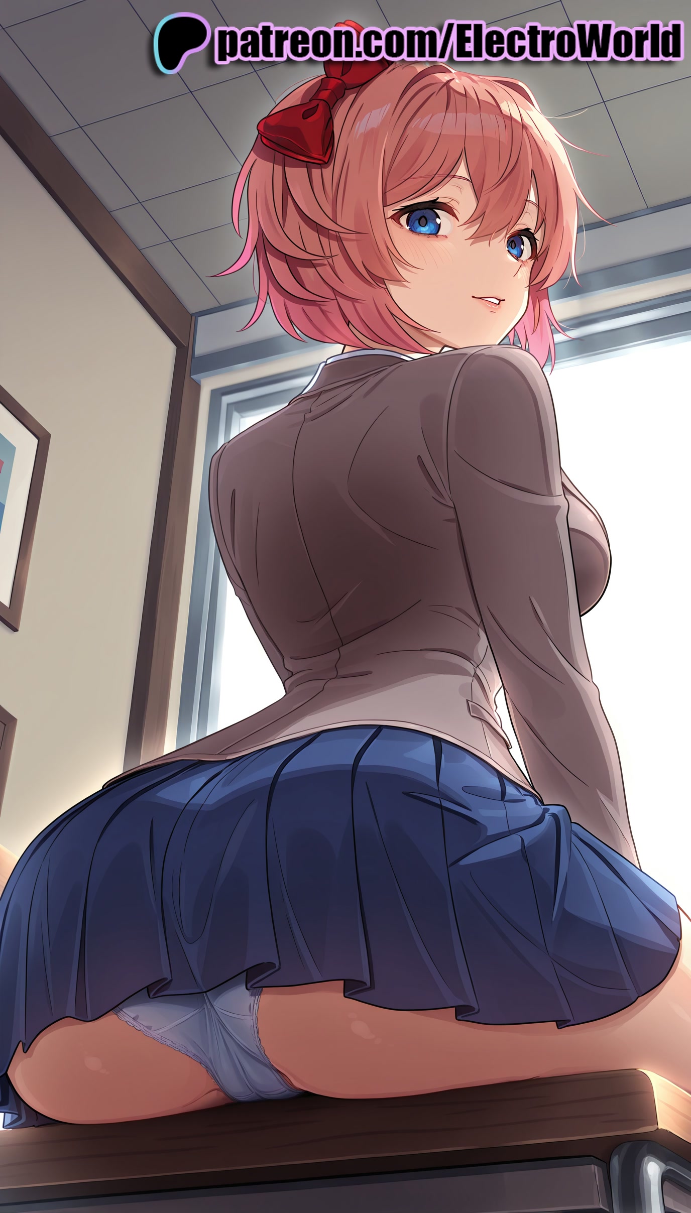 1girls, 2025, ai generated, artist name, ass, blue eyes, blue skirt, bow, desk, doki doki literature club, electroworld, female, hairbow, hi res, high quality, high resolution, highres, looking at viewer, panties, patreon, patreon username, pink hair, red bow, sayori (doki doki literature club), school uniform, short hair, sitting, skirt, solo, stable diffusion, underwear, watermark, white panties