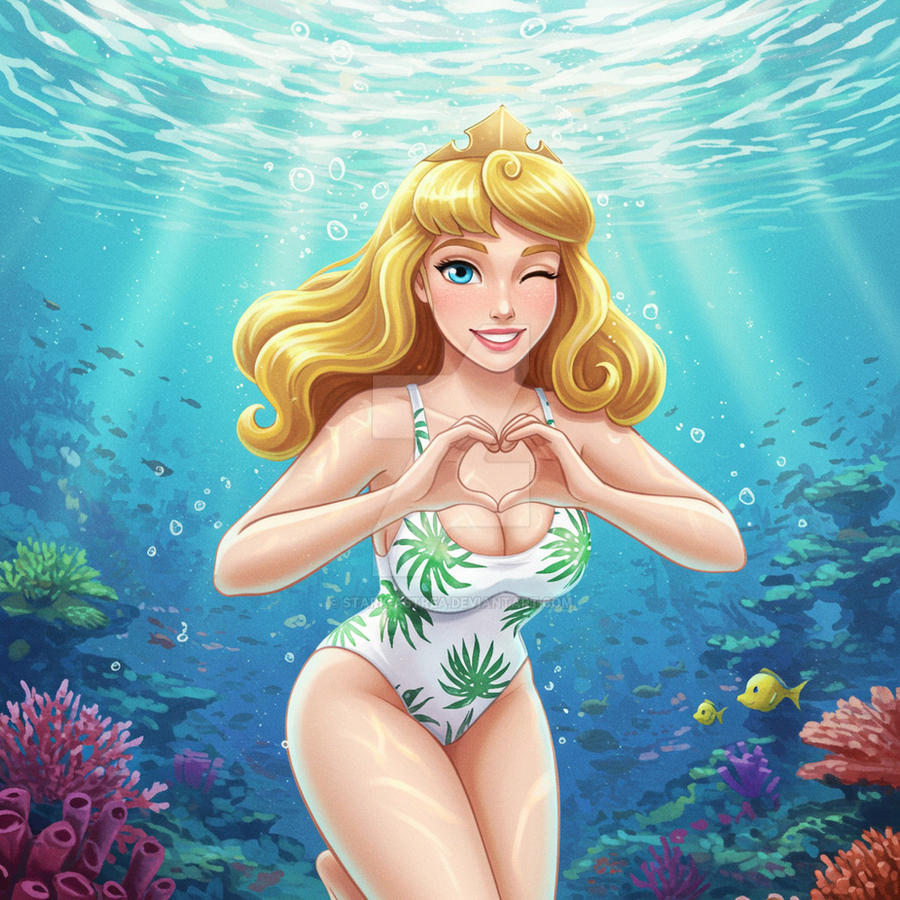 2025 ai_generated aurora_(sleeping_beauty) blonde_eyebrows blonde_hair_female blue_eyes_female deviantart flower_swimsuit golden_crown heart_hands looking_at_viewer meta ocean_background pink_lipstick sleeping_beauty_(1959_film) smile_at_viewer smiling_at_viewer underwater_view unknown_artist walt_disney_animation_studios walt_disney_pictures white_swimsuit winking_at_viewer