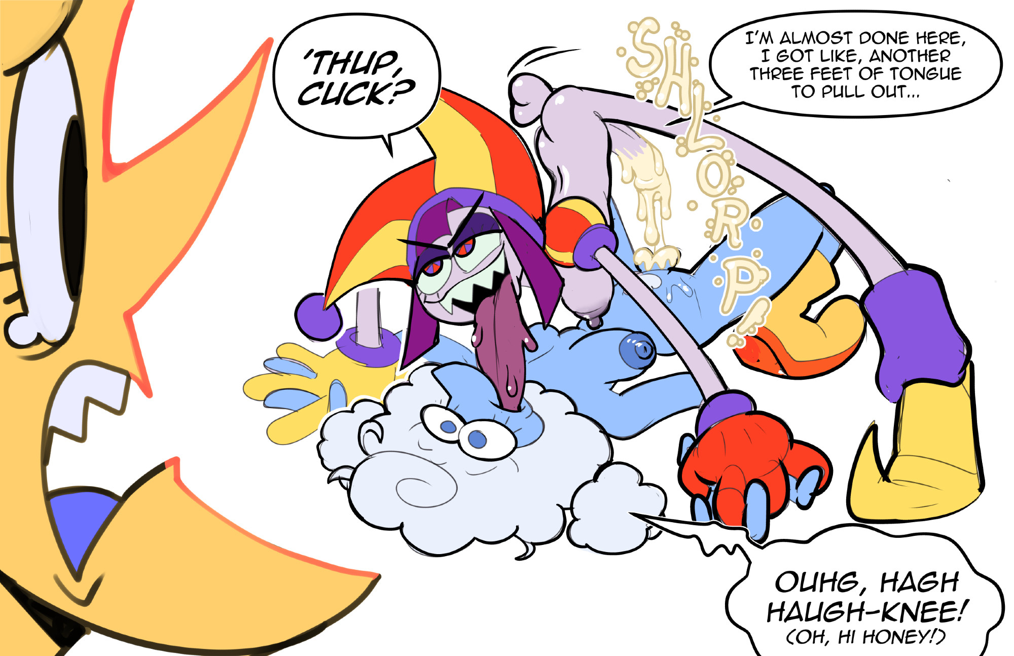 colored, crossover, cucked by futa, cuckold, cum, deltarune, deltarune chapter 3, dialogue, dripping cum, elnina (deltarune), evil pomni (the amazing digital circus), extreme french kiss, female, futa on female, futanari, holding both hands, holding hands, huge tongue, intersex, lanino (deltarune), long tongue, male, tagme, the amazing digital circus, yellowjackinit