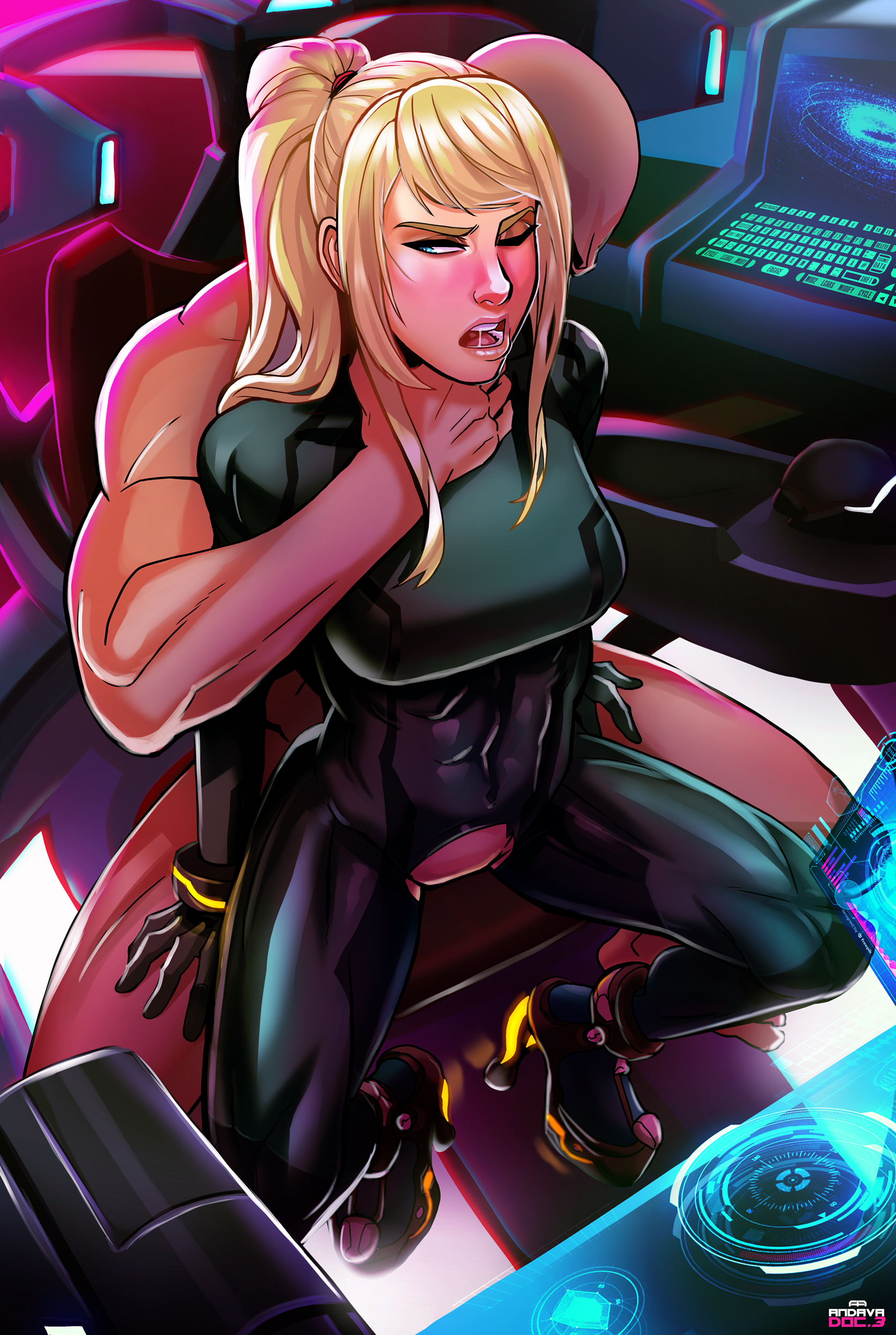 1boy, 1girls, abs, alternate color, andava, asphyxiation, bangs, black bodysuit, blonde hair, blonde-haired female, blush, bodysuit, breasts, clothed female nude male, faceless male, female, female protagonist, from behind, implied sex, male, metroid, nintendo, one eye closed, open mouth, ponytail, revealing clothes, samus aran, sex, sidelocks, sitting on lap, strangling, toned, toned female, torn bodysuit, torn clothes, zero suit, zero suit samus