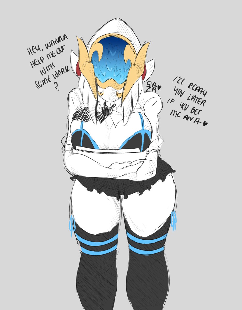 artemis_(brawlhalla) big_breasts bra brawlhalla cizerna helmet plain_background seductive skirt thick_thighs thighhighs tie video_games