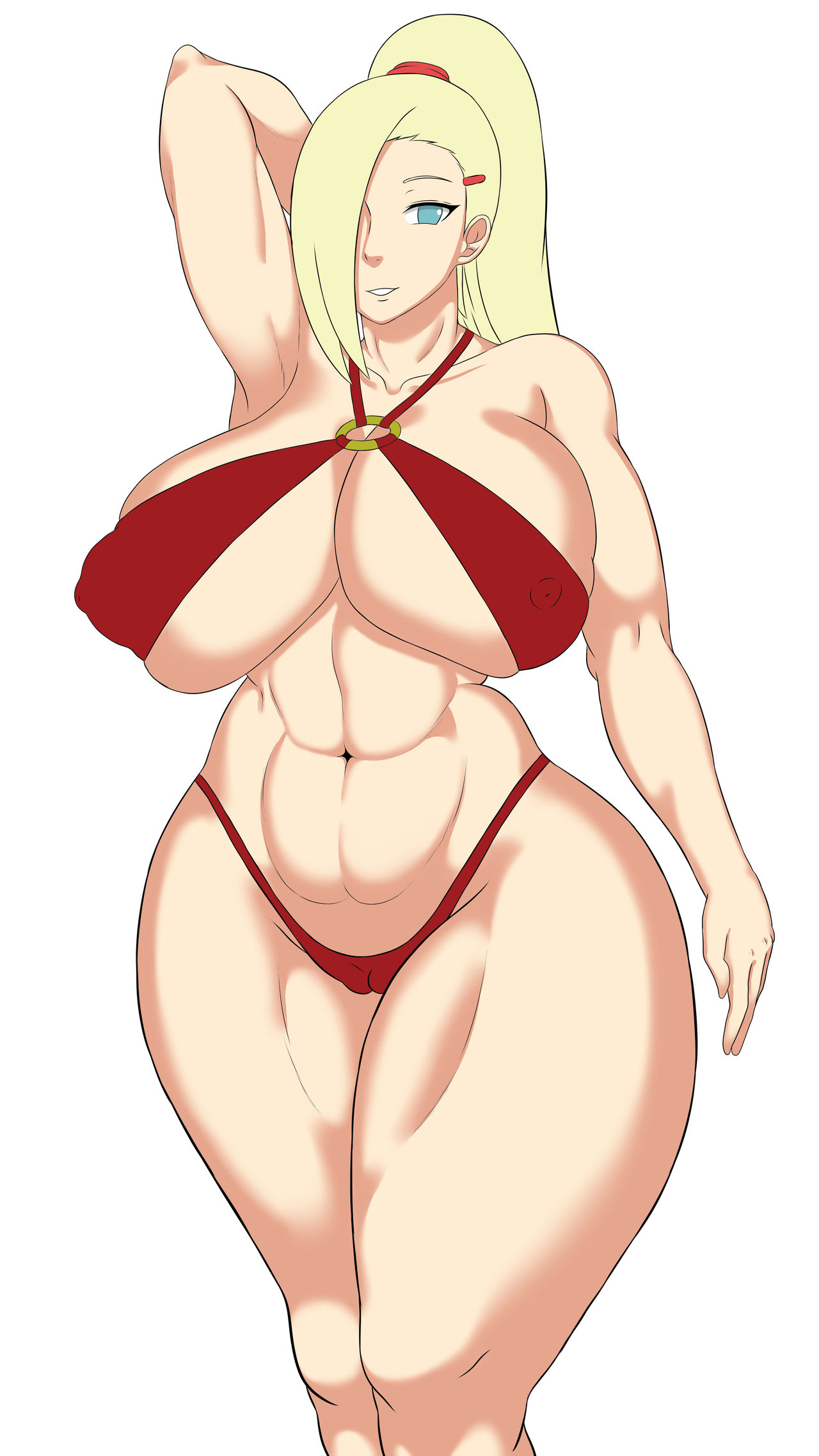 abs, alternate breast size, big breasts, blonde hair, blue eyes, boruto: naruto next generations, breasts, censored, clothing, color, female, female only, fetish, huge breasts, human, ino yamanaka, lingerie, looking at viewer, mosaic censoring, muscles, muscular, muscular female, nakadashi, naruto, naruto (series), solo, stockings, thick thighs, venus body