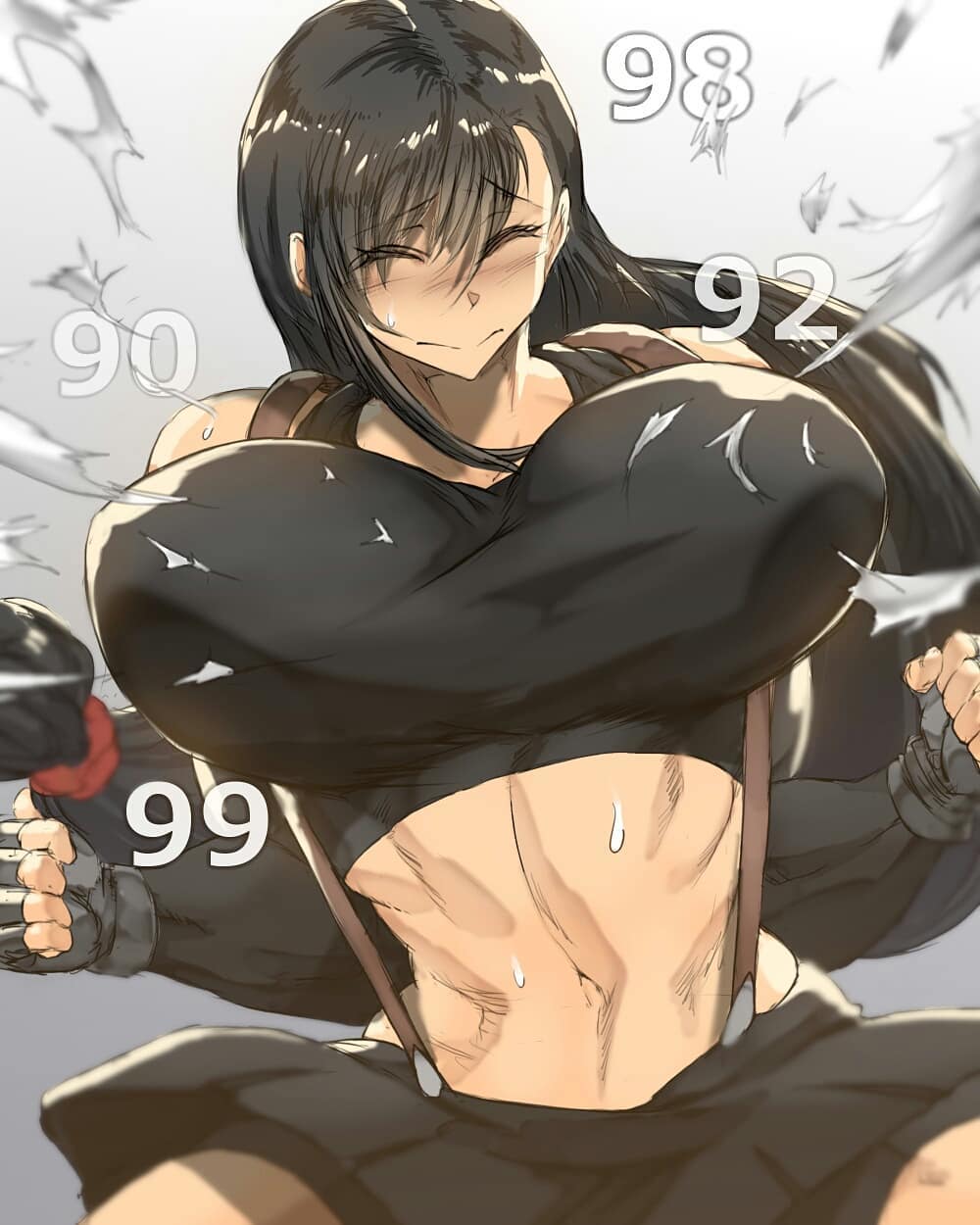 1girls abs big_breasts black_bra blush bra breasts final_fantasy final_fantasy_vii gameplay_mechanics huge_breasts jin-jin muscular_female naughty_face seductive sports_bra text tifa_lockhart wardrobe_malfunction