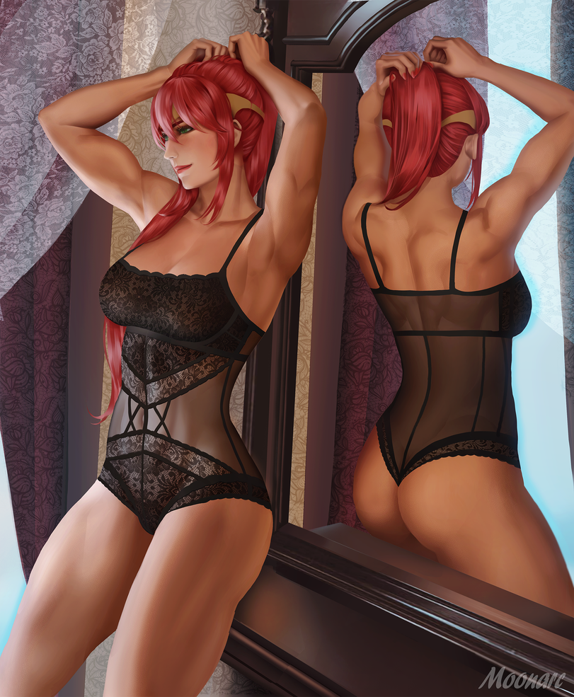 ass breasts green_eyes lace large_breasts lingerie midriff mirror moonarc ponytail pyrrha_nikos red_hair rwby see-through smile tiara toned toned_female transparent_clothing