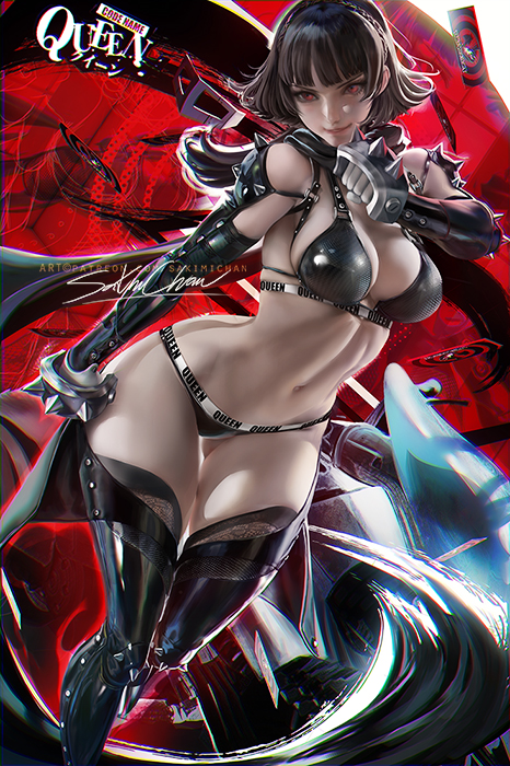 1girls, abs, big breasts, bra, breasts, cleavage, clothing, female, female only, human, johanna (persona), large breasts, makoto niijima, makoto niijima (queen), motorcycle, pale skin, panties, persona, persona (species), persona 5, phantom thief suit, pinup, sakimichan, solo, thick thighs, thighhighs, vehicle