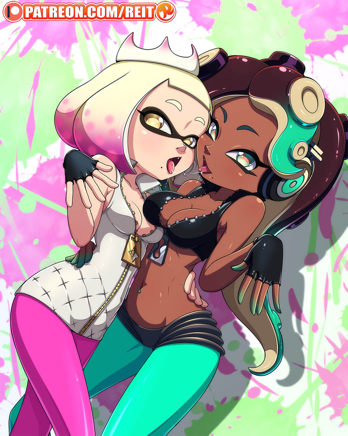 2girls, after kiss, big breasts, breasts, brown skin, chocolate and vanilla, dark skin, dark-skinned female, female, humanoid, inkling, interracial yuri, looking at viewer, marina (splatoon), nintendo, octoling, pale skin, pearl (splatoon), reit, saliva, saliva string, saliva trail, splatoon, splatoon 2, tentacle hair, yuri