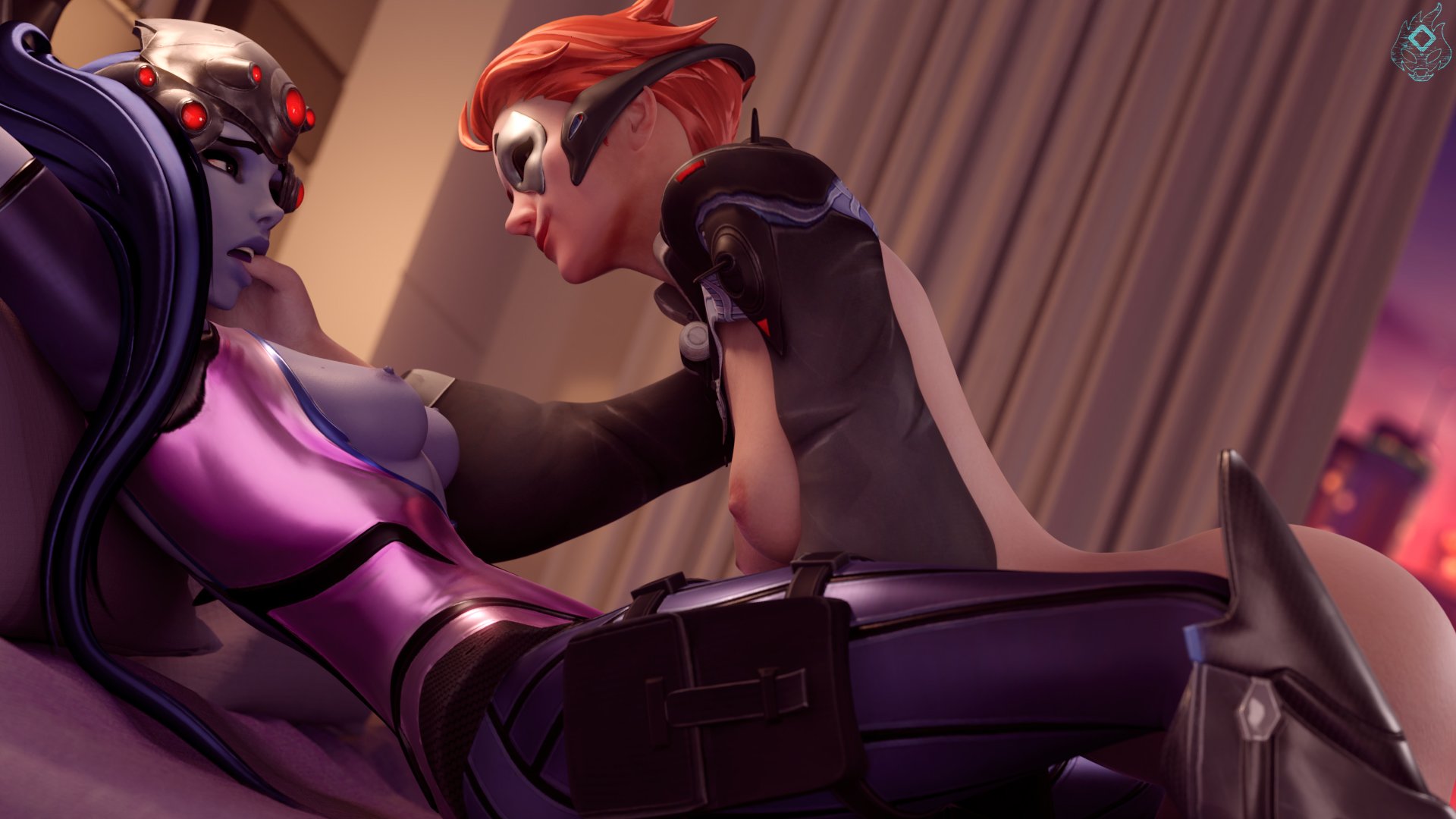 2girls, 3d, areolae, bondage, breasts, female, female only, femdom, femsub, its-gergless, moira, nipples, overwatch, restrained, widowmaker, yuri