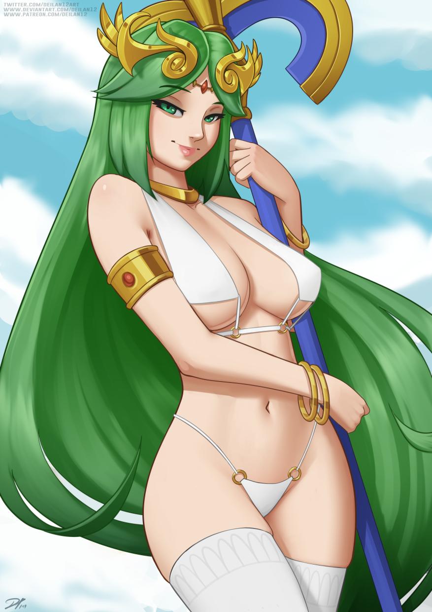 1girls, bikini, breasts, cleavage, deilan12, female, female only, green hair, kid icarus, looking at viewer, nintendo, palutena, pinup, solo, thighhighs