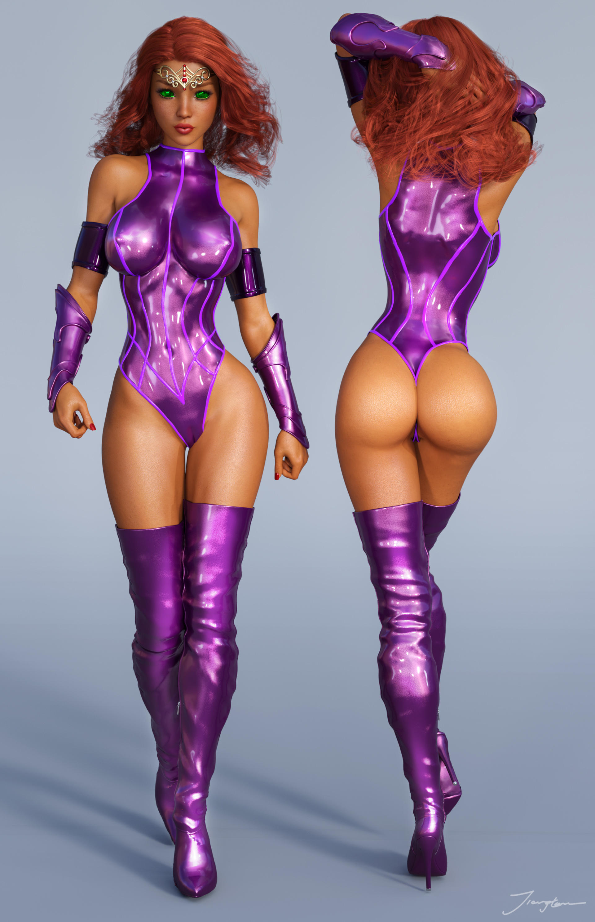 1girls, 3d, alien girl, arm band, arm bands, arm guards, ass, back view, big breasts, boots, bracers, breasts, busty, cameltoe, curvaceous, curvy, dc, dc comics, erect nipples, erect nipples under clothes, eyeshadow, female, female only, from behind, front view, ginger, green eyes, green sclera, hand in hair, hands in hair, heels, high heel boots, high heels, koriand'r, large breasts, leather boots, leotard, lipstick, makeup, mascara, nail polish, nipple bulge, nipples, partially visible vulva, pinup, princess, puckered lips, purple heels, purple high heels, purple leotard, purple thighhighs, pussy, red hair, red lips, red lipstick, red nail polish, red nails, royalty, signature, solo, standing, starfire, superheroine, tamaranean, teen titans, thick ass, thick thighs, thigh boots, thigh high boots, thighhigh boots, thighs, tiangtam, tiara, voluptuous, vulva, walking