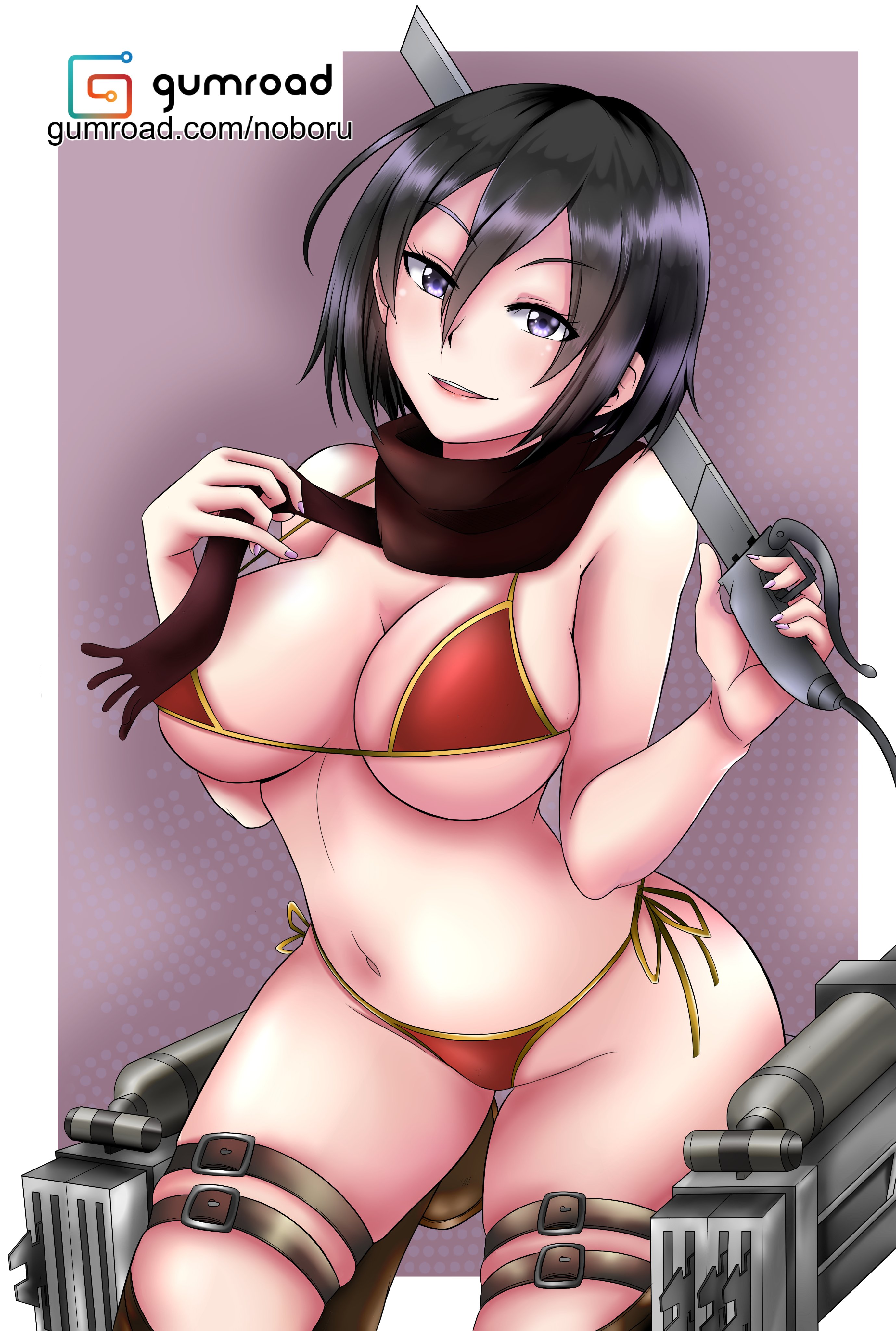 1girls, attack on titan, big breasts, black eyes, black hair, breasts, female, female only, looking at viewer, mikasa ackerman, noboru revista, shingeki no kyojin, short hair, sitting, solo, solo female, solo focus