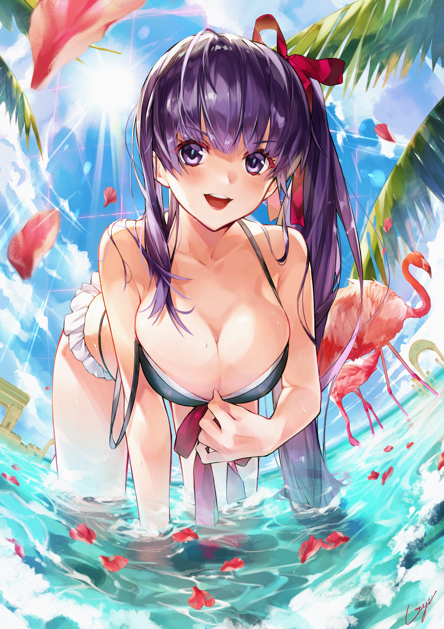 bb (fate), cleavage, fate (series), fate/extra ccc, fate/grand order, female, female only, smile, solo, swimsuit, utayoi (umakatare), water