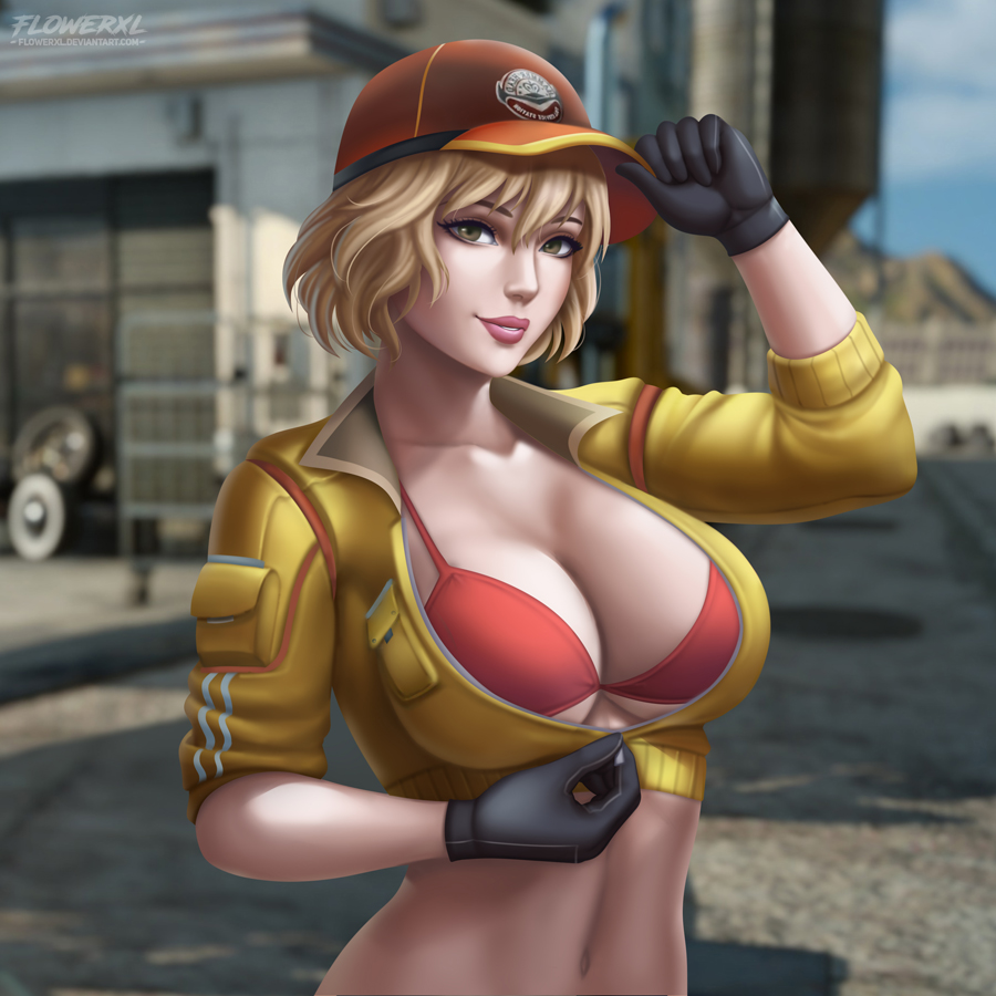 1girls, black gloves, blonde hair, bra, breasts, cindy aurum, cleavage, clothing, female, female only, final fantasy, final fantasy xv, flowerxl, gloves, looking at viewer, pink bra, short hair, solo