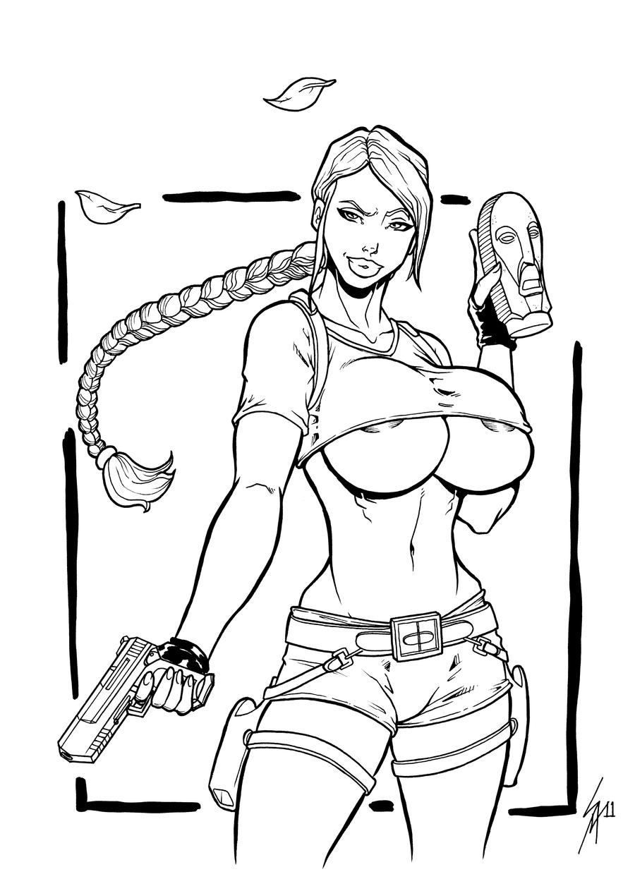 1girls areola_slip athletic belt belt_buckle big_breasts braid braided_hair breasts busty crop_top lara_croft lara_croft_(classic) monochrome navel overflowing_breasts pistol sam7 short_shorts tagme thigh_holster tomb_raider underboob