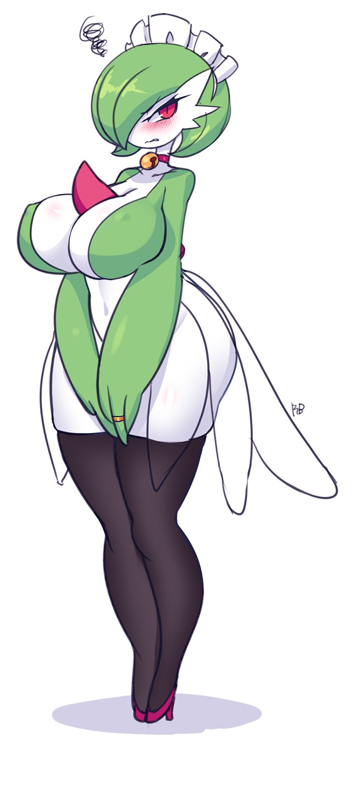 1girls, annoyed, areolae, ass, bell, big ass, big breasts, breasts, choker, female, female pokemon, gardevoir, heels, maid, maid uniform, navel, original character, pokémon (species), pokemon, pokemon (species), pokemon rse, rabbitbrush, ring, standing, thick thighs, thighhighs, wedding ring