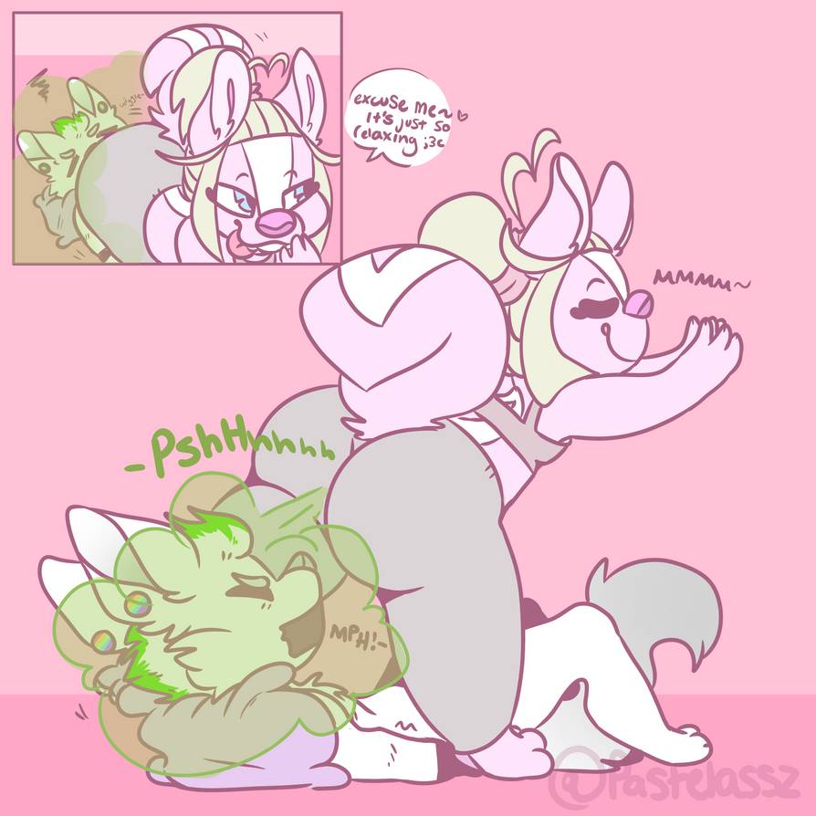 1boy, 1girls, anthro, bent over, canine, closed eyes, clothed, clothing, duo, effie the skunk, english text, fart, fart fetish, female, furry, gag, gagged, male, on back, pastelassz, pillow, raised tail, simple background, skunk, stretching, tape, tape gag, text, yoga, yoga pants