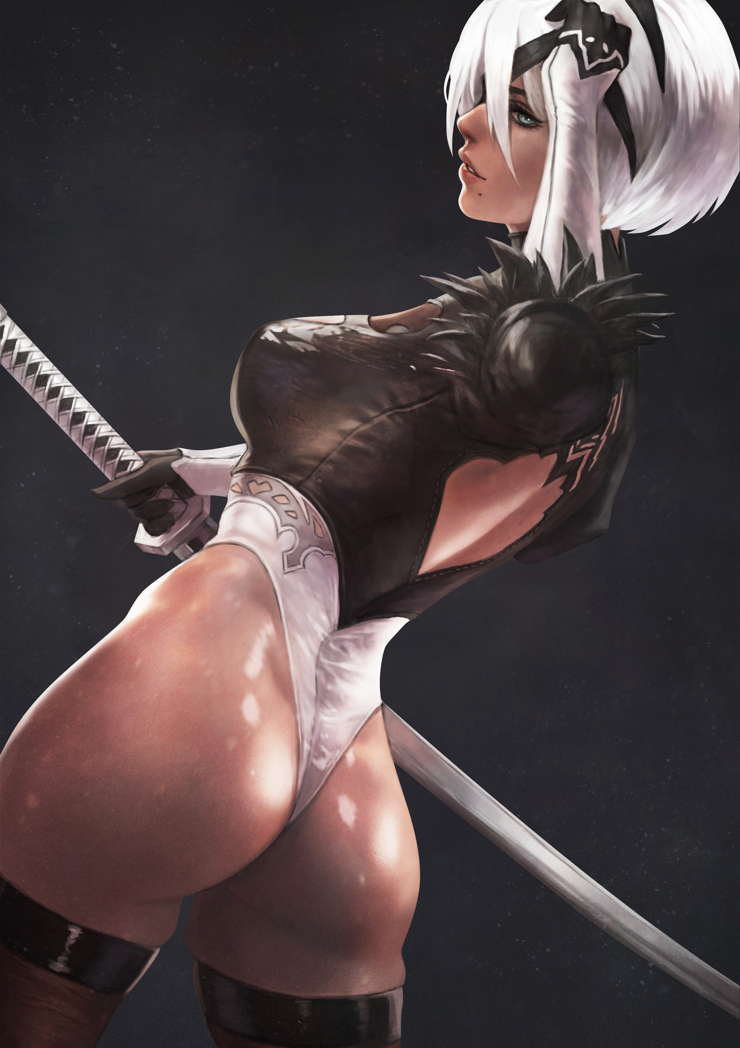 1girls, ass, blindfold, female, female only, lips, mole, mole under mouth, monorirogue, nier, nier (series), nier: automata, shiny skin, silver hair, solo, sword, thick, thigh boots, weapon, white hair, yorha 2b