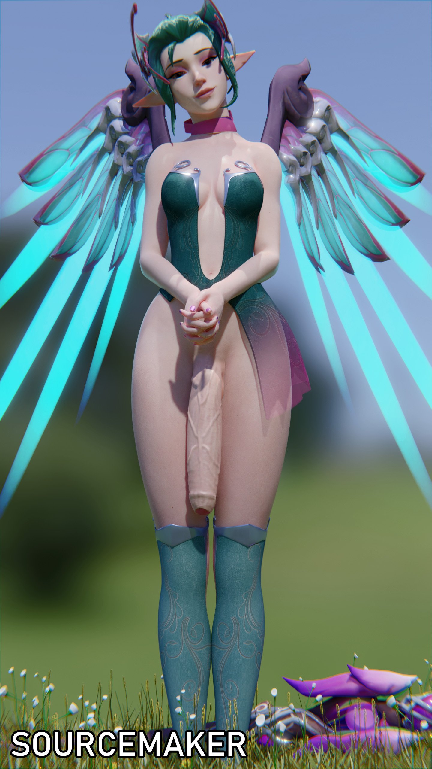 1futa, 3d, alternate costume, blender, breasts, cleavage, dickgirl, erection, flaccid, foreskin, futa only, futanari, huge cock, intersex, mercy, overwatch, overwatch 2, partially retracted foreskin, penis, penis to the knees, retracted foreskin, solo, solo futa, sourcemaker, sugar plum fairy mercy, uncircumcised, uncut, winter wonderland series