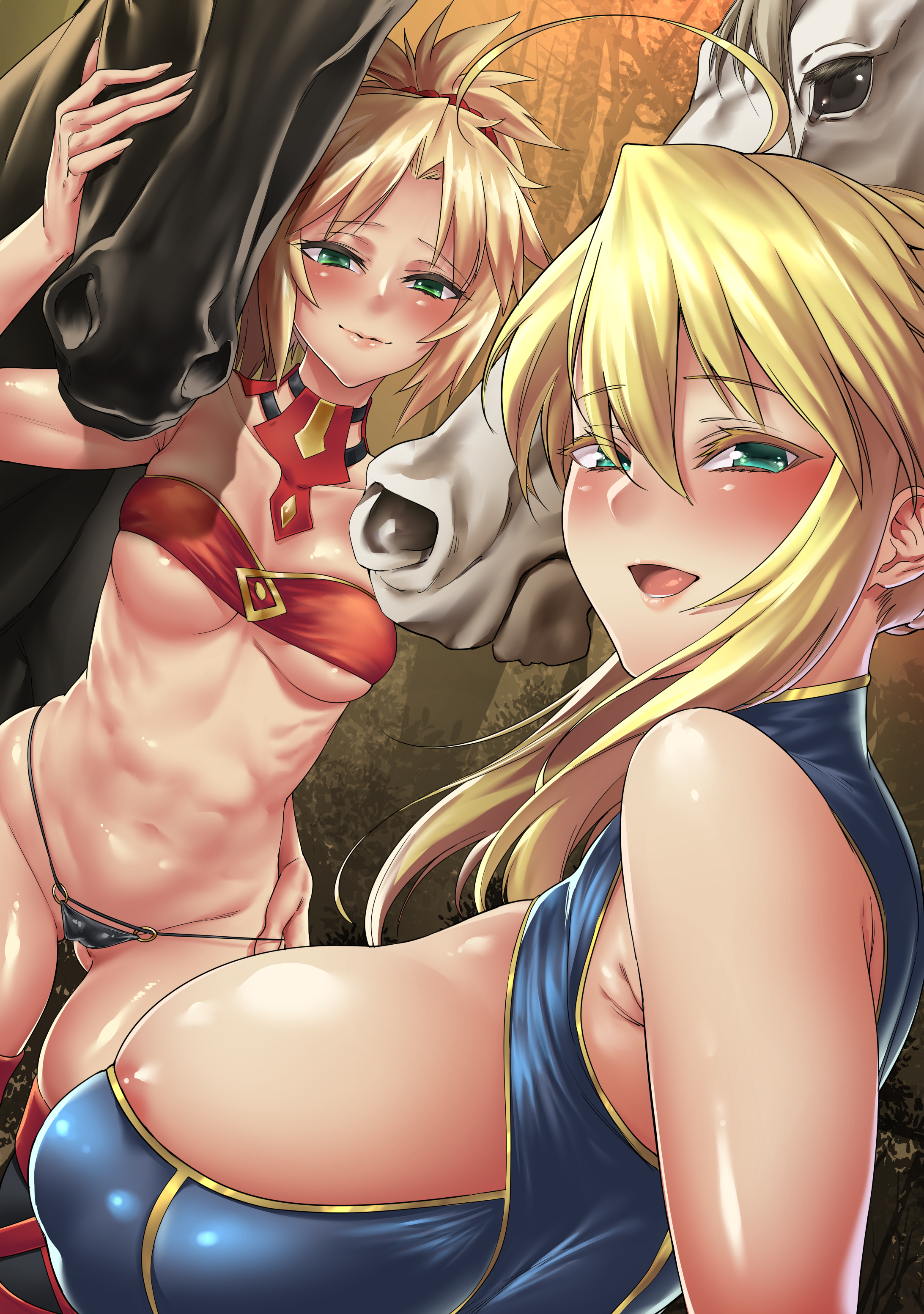 2girls, areola, areola slip, artoria pendragon, artoria pendragon (lancer), bestiality, blonde hair, blush, breasts, cleavage cutout, closed mouth, curvy, detached collar, fan (f.w.zholic), fate (series), fate/grand order, female, female human/male feral, feral, french braid, green eyes, horse, huge breasts, human, interspecies, looking at viewer, midriff, milf, mordred (fate), mother and daughter, multiple girls, open mouth, oyakodon, panties, revealing clothes, sideboob, string panties, thighhighs, tied hair, underboob, zoophilia