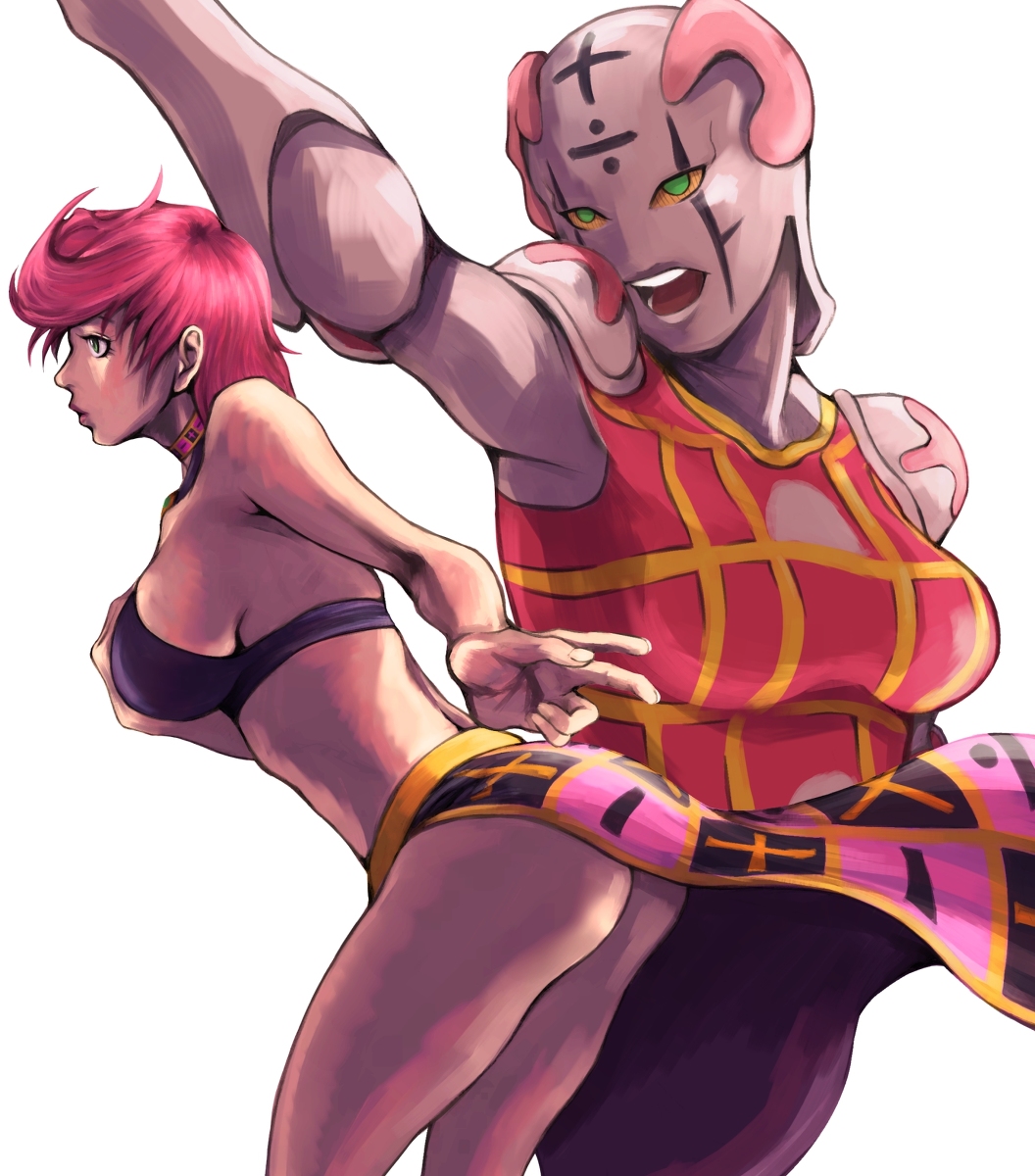 2girls ass breasts female human humanoid jojo's_bizarre_adventure light-skinned_female light_skin mimiyama_kiichi pink_hair pink_skin short_hair shounen_jump solo spice_girl stand_(jjba) trish_una vento_aureo