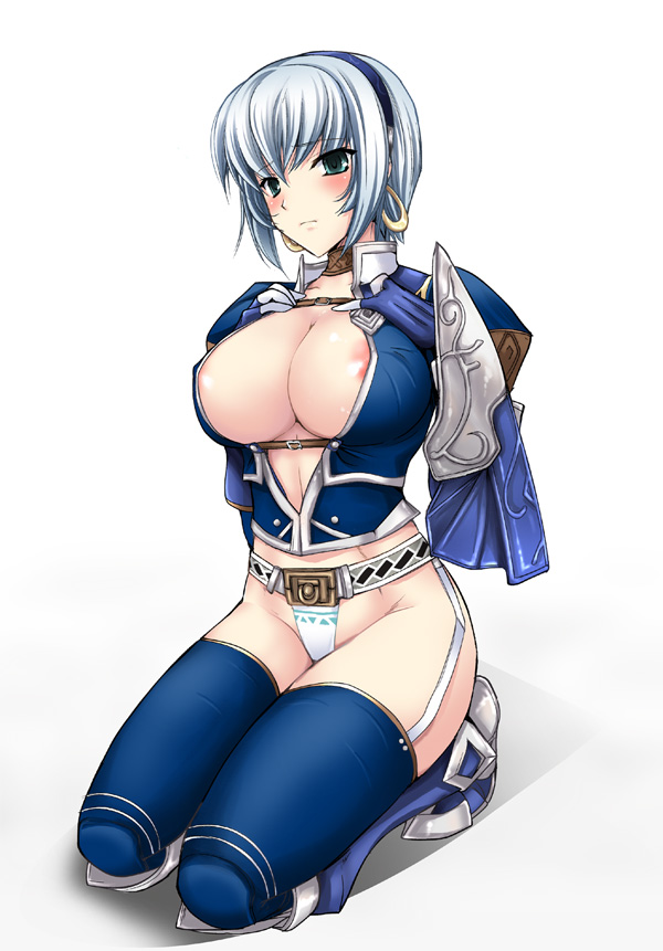 1girls areola_slip areolae armor asuru azul_(armor) bangs belt beltbra blue_legwear blush breast_suppress breasts capcom checkered choker cleavage crop_top earrings elbow_gloves embarrassed erect_nipples female frown garter_straps gloves greaves guild hairband hoop_earrings jewelry kizuki_aruchu kneeling large_breasts looking_at_viewer midriff monster_hunter monster_hunter_frontier mound_of_venus navel necklace nipple_slip nipples no_bra no_pants open_clothes open_shirt panties print_panties shadow shirt short_hair simple_background solo strap thighhighs thighs underwear white_hair white_panties wide_hips