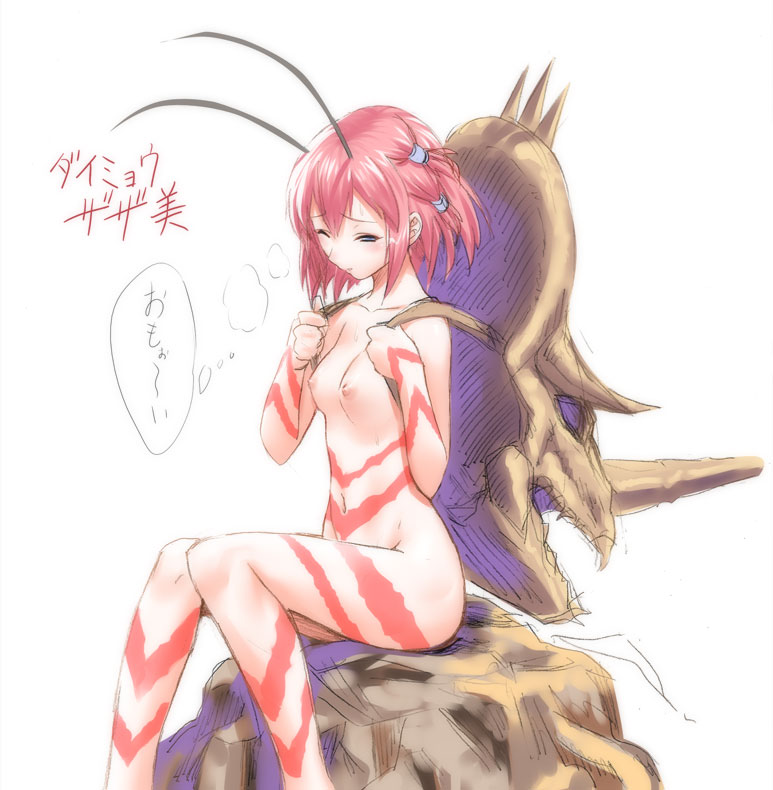 antennae breasts capcom crab daimyo_hermitaur monster_girl monster_hunter nipples nude original personification short_hair sitting skull tattoo translated wink yasu yasuyuki