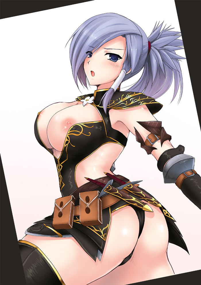 1girls :o areola_slip areolae armband armor armpits ass back bangs belt belt_pouch black_legwear black_panties black_thong blue_eyes blue_hair blush border breasts buckle capcom cleavage cleavage_cutout cowboy_shot curvy dagger elbow_gloves embarrassed female female_only finished gloves hair_ornament hair_tubes huge_ass human kizuki_aruchu knife large_breasts long_hair looking_at_viewer looking_back microskirt monster_hunter monster_hunter_frontier nipple_slip nipples no_bra no_visible_genitalia noir_(armor) open_mouth panties pauldrons ponytail pouch profile scabbard scrunchie sheathed_weapon simple_background solo spiked_hair standing strap surprised swept_bangs thick_thighs thighhighs thighs thong tied_hair turtleneck underwear weapon white_background zettai_ryouiki