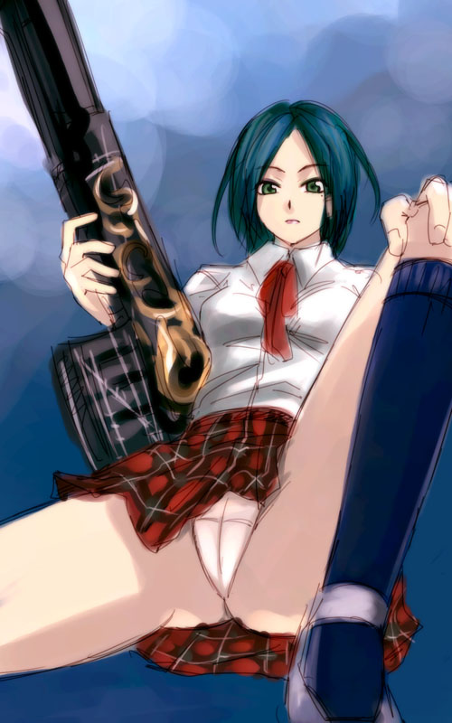 alicia_claus bullet_witch green_eyes gun michael_f91 panties pantyshot shirt skirt socks solo spread_legs tie underwear weapon