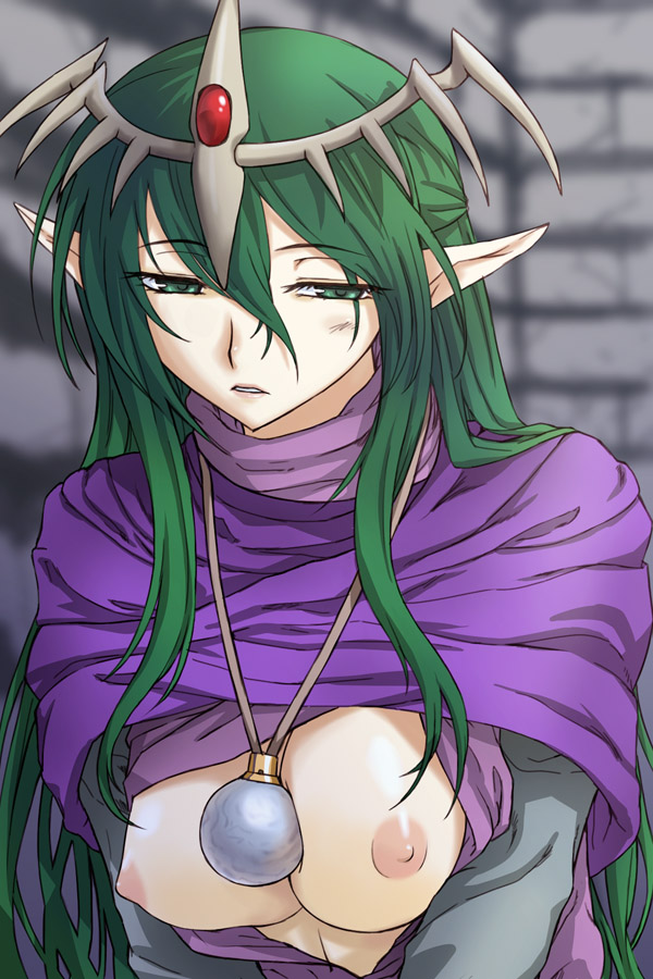 areola breasts circlet elf fire_emblem fire_emblem:_new_mystery_of_the_emblem fire_emblem:_shadow_dragon green_eyes green_hair headdress jewelry long_hair michael_f91 nagi_(fire_emblem) necklace nipples open_clothes open_shirt pointy_ears shirt