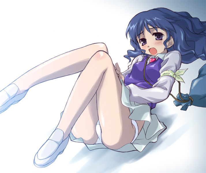 1girls aoi_kumiko blouse blue_eyes blue_hair brooch female female_only human jewelry long_hair lying menori menori_visconti miniskirt mujin_wakusei_survive on_back panties pantyshot pantyshot_(lying) shoes skirt solo underwear uninhabited_planet_survive upskirt vest white_panties