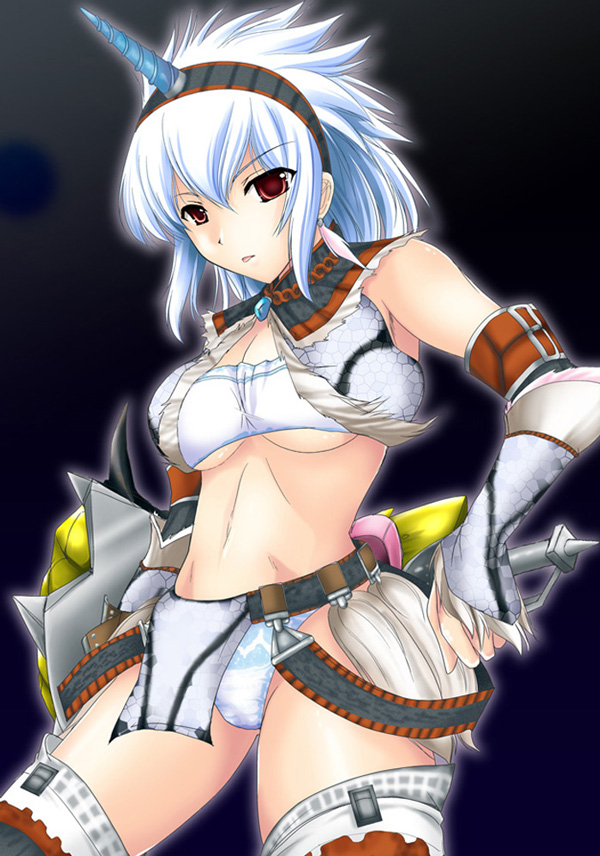 :p bandeau belt breasts capcom cleavage color elbow_gloves female female_only gloves hairband horn kirin_(armor) kizuki_aruchu large_breasts midriff monster_hunter panties red_eyes short_hair thighhighs tongue tubetop underboob underwear white_hair