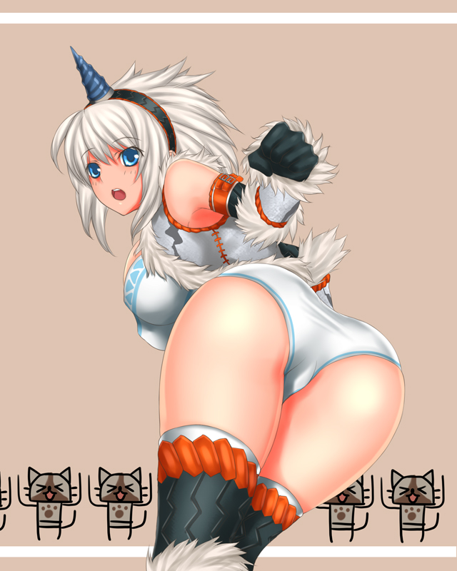 ass blue_eyes breasts capcom color elbow_gloves felyne female female_only gloves hairband horn horns kirin_(armor) large_breasts looking_back lynian monster_hunter monster_hunter_freedom open_mouth panties pantyshot rokuichi silver_hair source_request thighhighs trefoil underwear year_request