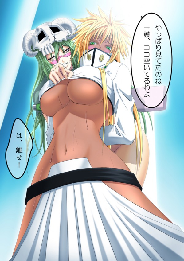 arrancar bleach blonde_hair blush breasts clothed clothing dark-skinned_female dark_skin doujinshi espada facial_mark green_hair large_breasts midriff navel nelliel_tu_odelschwanck raito tia_harribel torn_clothes translated translation_request underboob