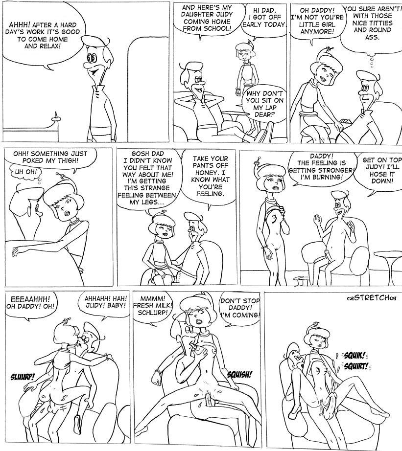 1boy 1boy1girl 1girls age_difference comic cumshot dad_fucking_daughter english_text erect_nipples erection erection_under_clothes father_and_daughter five_o'clock_shadow george_jetson hanna-barbera incest judy_jetson line_art monochrome nipple_licking nipples penis_in_pussy short_hair sitting_on_penis skinny_female small_breasts speech_bubble spread_legs tagme the_jetsons thought_bubble tongue_out uncensored undressing vaginal vaginal_penetration vaginal_sex