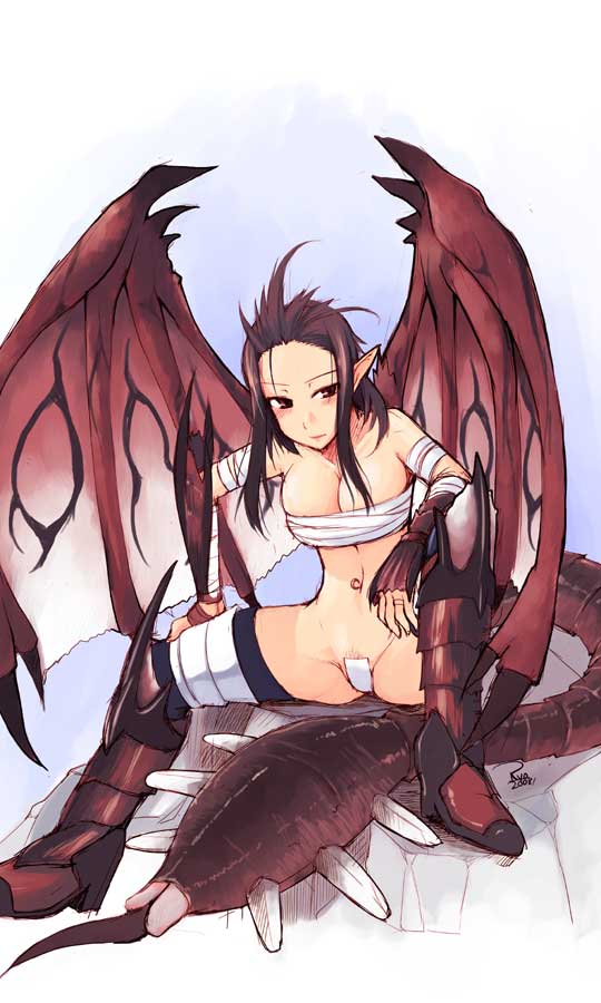 bandage bandages demon_girl maebari monster_hunter personification pointy_ears pubic_hair rathalos rule_63 ryou sarashi tail wings