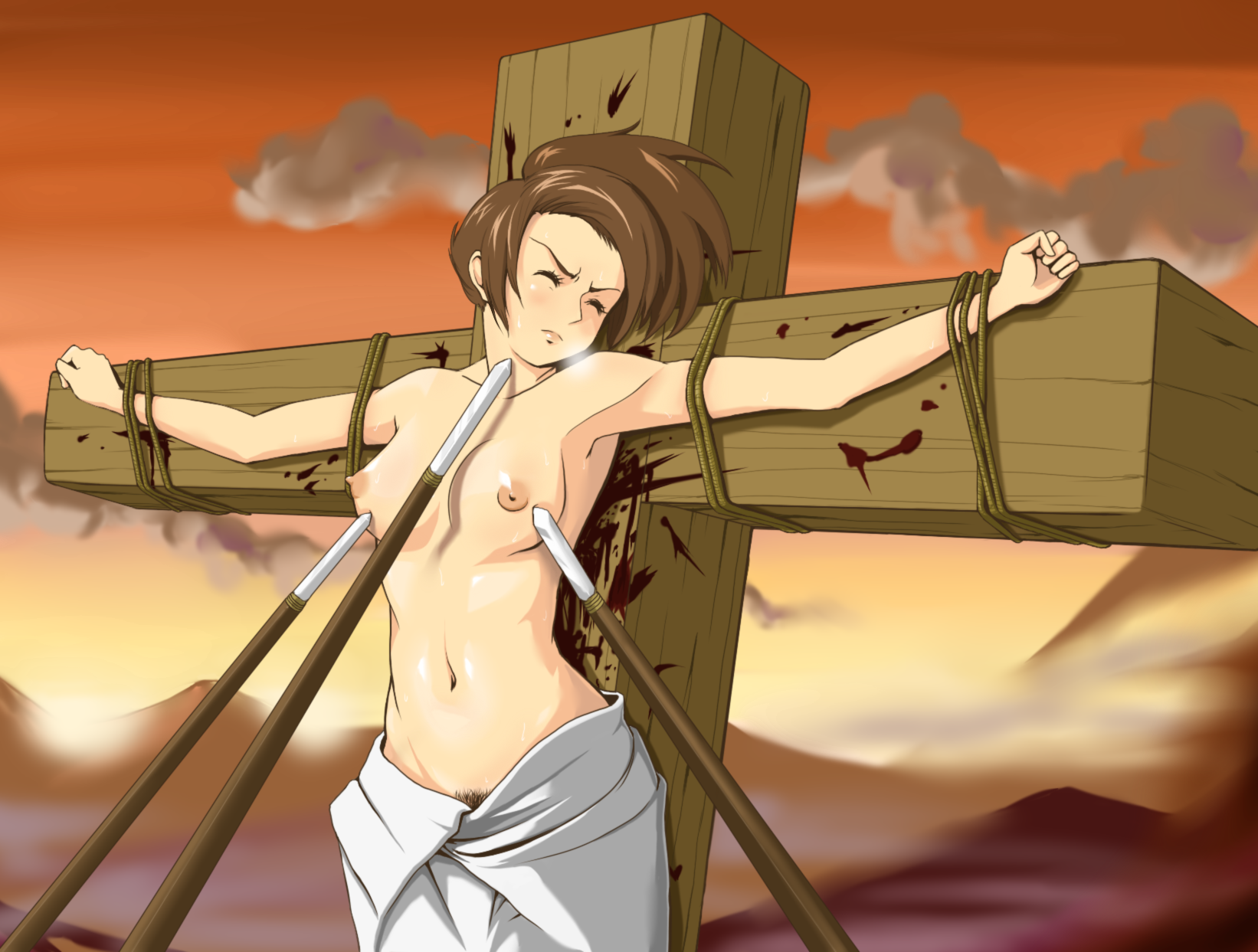 blood bondage breasts breasts_apart brown_hair closed_eyes crucifixion fuu_kasumi highres hyper_heiki nipples peril polearm pubic_hair rope samurai_champloo spear tied_up topless wallpaper weapon