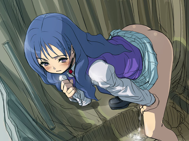 akaga_hirotaka arm_support ass bent_over blue_hair blush butt_crack embarrassed holding_panties leg_up legs long_hair menori menori_visconti mujin_wakusei_survive no_panties peeing pleated_skirt purple_eyes school_uniform serafuku shoes sketch skirt skirt_lift solo survive sweater_vest thick_legs thick_thighs thighs uninhabited_planet_survive