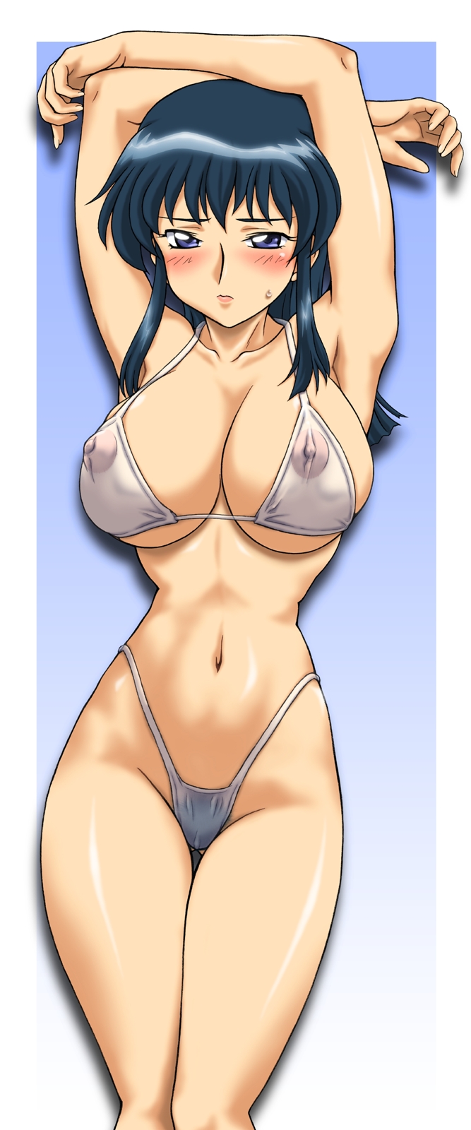 blue_eyes blue_hair blush breasts erect_nipples fujimura_shizuru highleg highleg_bikini highleg_swimsuit highres huge_breasts long_hair see-through shinkon_gattai_godannar!! shizuru_fujimura swimsuit ta152_(graf_zeppelin)