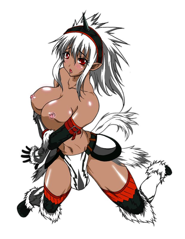 blush breasts capcom color dark-skinned_female dark_skin elbow_gloves female female_only gloves hairband horn horns kirin_(armor) loincloth long_hair monster_hunter navel nipples pointy_ears red_eyes solo thighhighs thighs topless white_background white_hair wittsu yuukami_(wittsu)