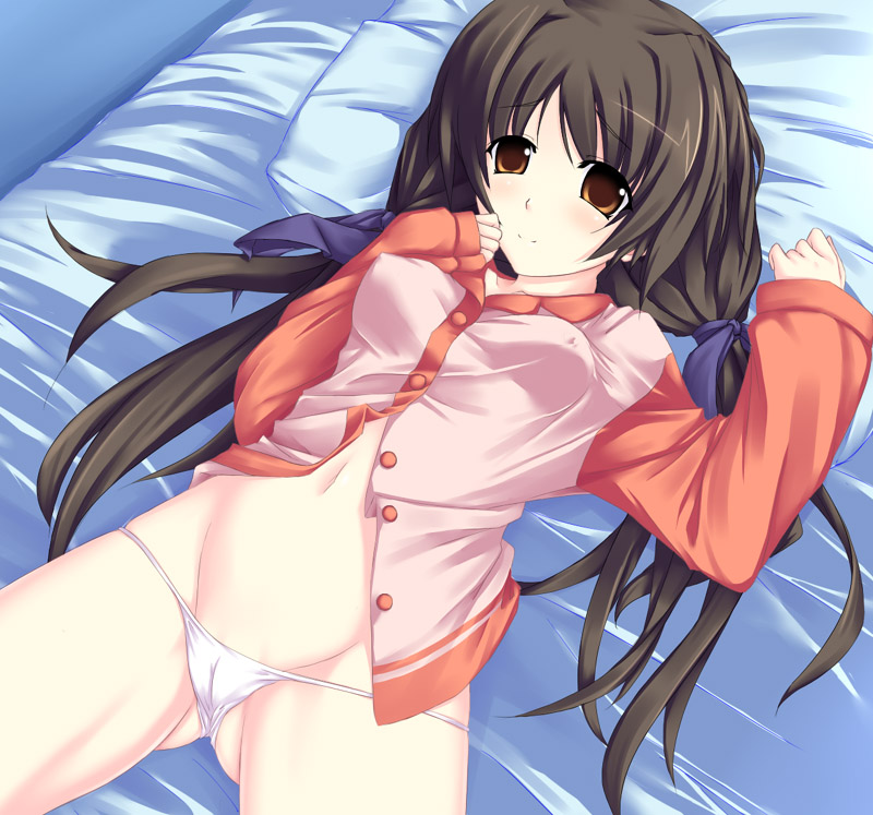 black_hair bottomless brown_eyes buresu cameltoe lying memories_off memories_off_2nd on_back panties shirakawa_hotaru underwear