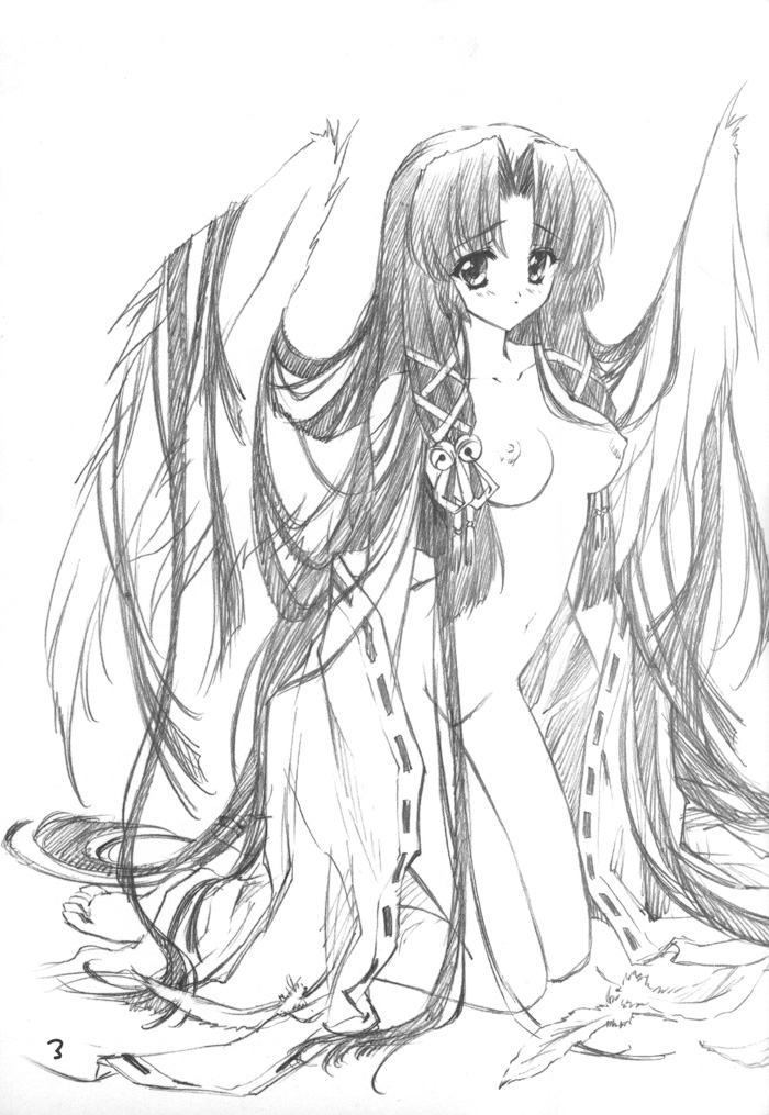 1girls air_(anime) breasts carnelian female japanese_clothes kannabi_no_mikoto long_hair monochrome sketch solo undressing wings