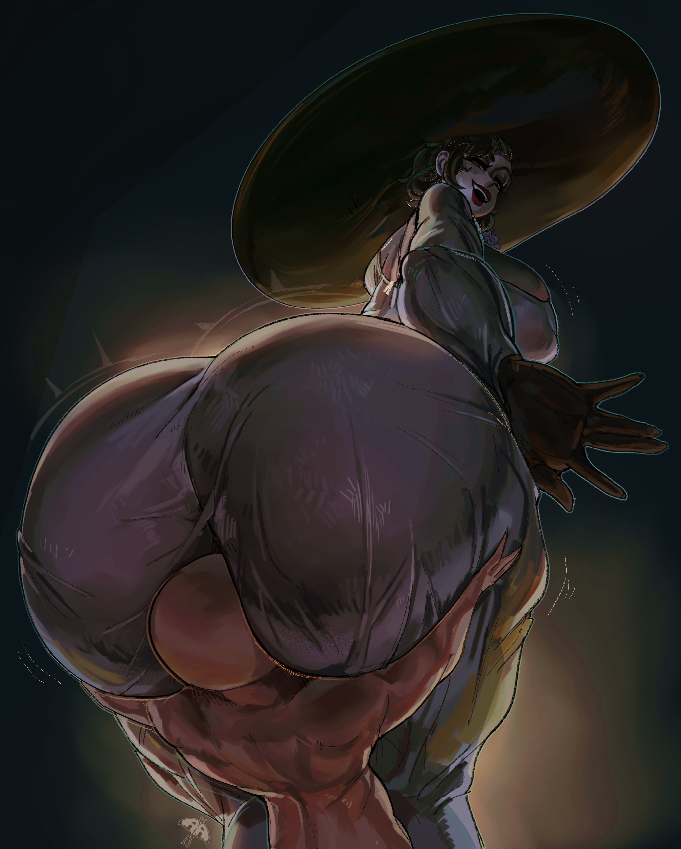 1girls, alamanderarts, alcina dimitrescu, anon, ass, ass focus, ass in dress, ass smothering, ass worship, big ass, big breasts, black hair, bottom heavy, breasts, clothed female nude male, clothing, dress, face in ass, fat ass, female, female focus, giant female, gloves, hat, height difference, huge ass, large ass, male, massive ass, nude, nude male, resident evil, resident evil 8: village, shorter male, sitting, sitting on face, sitting on person, size difference, smothering, smothering ass, smug, taller female, thick ass, thick thighs, wide hips