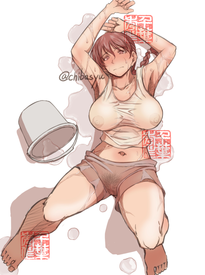blush braid braided_ponytail breasts chiba_shuusaku female large_breasts long_hair looking_at_viewer ranma-chan ranma_1/2 red_hair rule_63 see-through_clothes shirt simple_background single_braid solo water wet wet_clothes wet_hair wet_shirt white_background