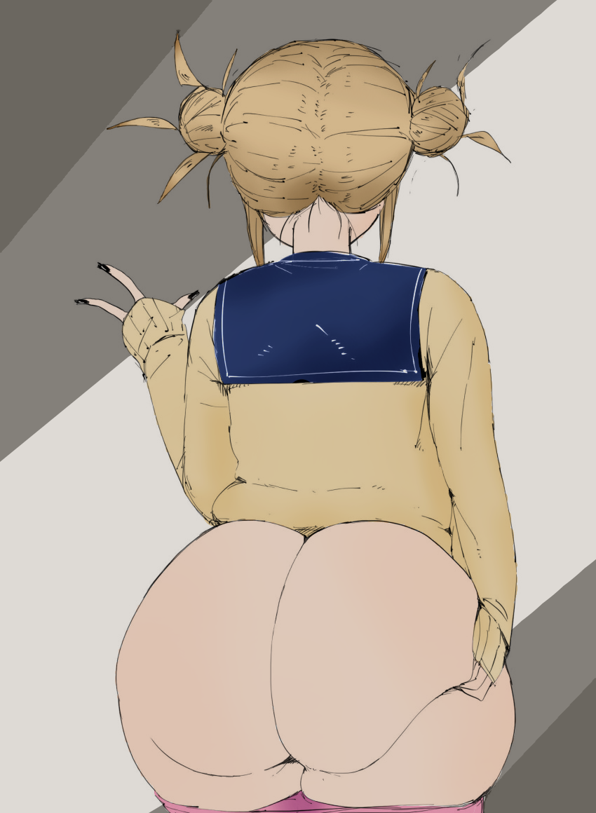 1girls alternate_ass_size ass ass_grab back back_view big_ass black_nails black_thighhighs blonde_hair bottom_heavy bottomless bubble_ass bubble_butt clothes coffing_(artist) colored double_bun edit fat_ass female female_only hair_bun himiko_toga huge_ass light-skinned_female light_skin line_art lmaonah looking_away my_hero_academia nail_polish nails panties_down pink_panties shirt short_hair solo source_request thick_thighs thighhighs v view white_background wide_hips