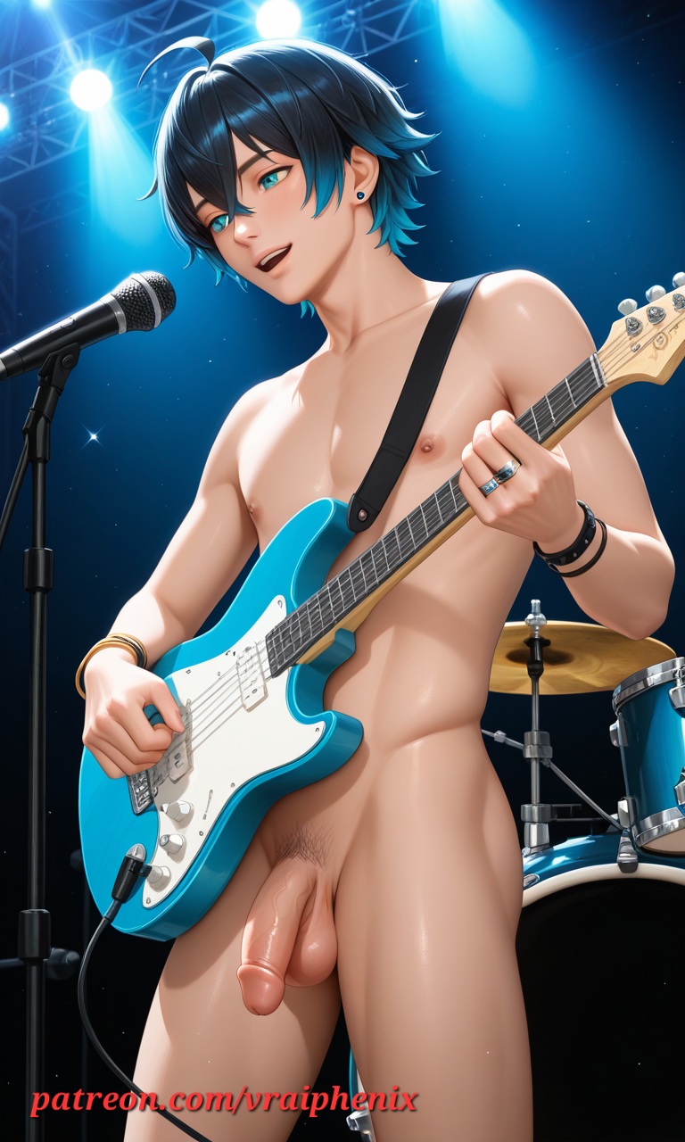 1boy ai_generated balls ballsack blue_eyes blue_hair completely_nude concert electric_guitar flaccid flaccid_penis guitar jewelry luka_couffaine male male_focus male_only microphone miraculous:_tales_of_ladybug_and_cat_noir miraculous_ladybug muscular muscular_male nude nude_male penis ring_(jewelry) vraiphenix